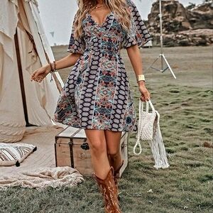 New Tribal Floral Print Wrap Top Short Dress Blue White